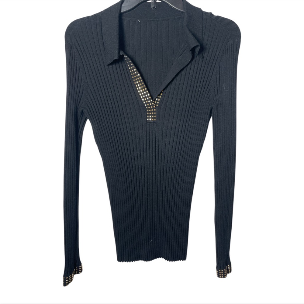 Cache Y2K women’s V-neck Black Ribbed collared Sweater Gold Accents size Medium